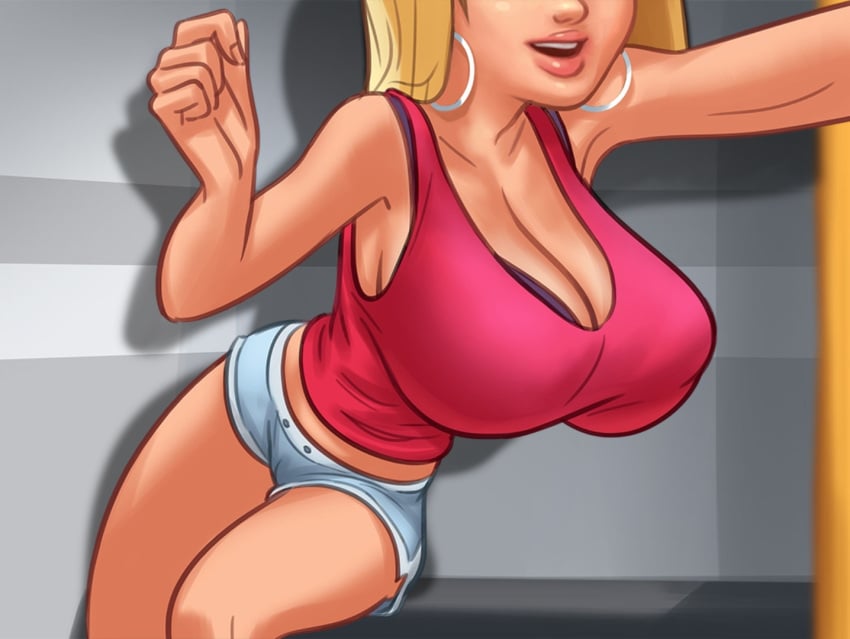 1boy 1girls 2d big_breasts blonde_hair bottomwear bra breasts brown_hair cleavage clothed clothing darkcookie digital_drawing_(artwork) digital_media_(artwork) duo ear_piercing earrings female light-skinned_female light-skinned_male light_skin long_hair main_character_(summertime_saga) male male/female photobooth piercing piercings roxxy_(summertime_saga) shirt shorts sitting smile smiling summertime_saga surprised surprised_expression tank_top topwear