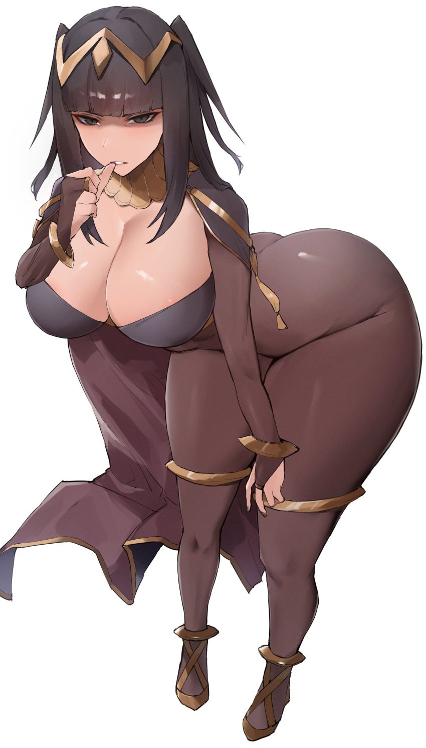 1girls ass big_ass black_hair bodystocking bodysuit breasts female female_only fire_emblem fire_emblem_awakening highres huge_breasts kataku_musou light-skinned_female light_skin long_hair nintendo simple_background tharja_(fire_emblem) thick_thighs