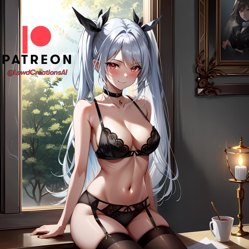 1girls ai_generated blue_archive blush breasts choker cleavage dark-skinned_female dark_skin elf female fringe garter_straps gehenna_academy_student indoors iori_(blue_archive) legs_together lewdcreationsai lingerie navel pale-skinned_female petite pointy_ears prefect_team_(blue_archive) red_eyes seductive_eyes seductive_look shiromi_iori silver_hair sitting stockings tagme teenager twintails white_hair