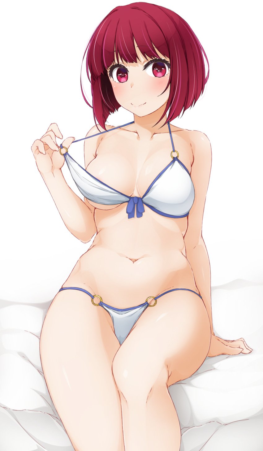 absurdres areola_slip arima_kana bikini bikini_pull blunt_bangs bob_cut breasts cameltoe closed_mouth clothes_pull collarbone commentary_request female highres hinata_masaki navel oshi_no_ko petite pulled_by_self red_eyes red_hair short_hair sitting small_breasts smile solo stomach strap_pull swimsuit thighs white_bikini