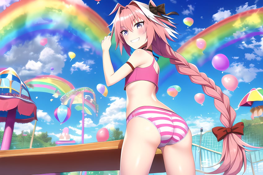 ai_generated amusement_park ass ass_focus astolfo_(fate) balloons bench bulge choker crop_top fate/apocrypha fate/grand_order fate_(series) femboy girly novelai pink_eyes pink_hair rainbow smile striped_panties