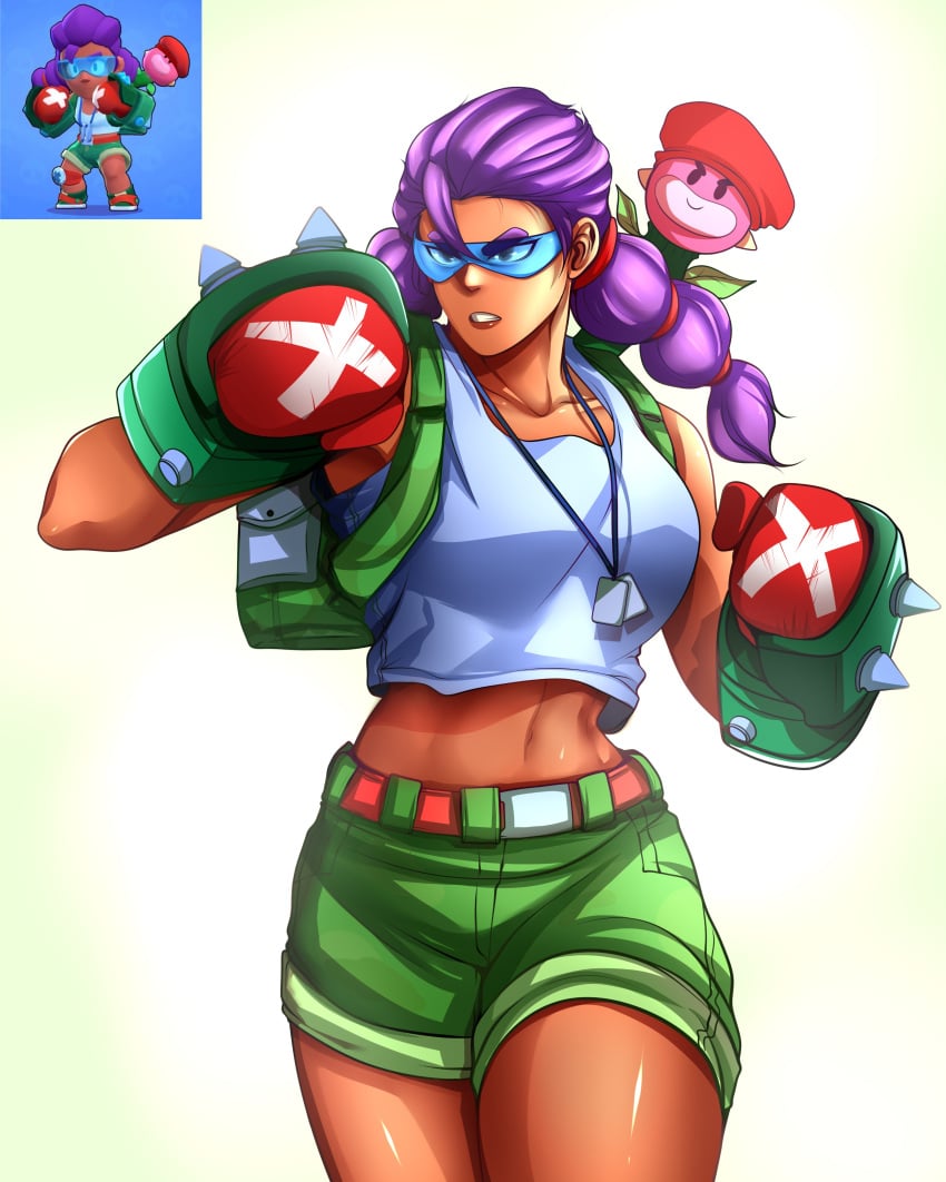 1female brawl_stars clothed_female clothing dark-skinned_female female mon_yumaki purple_hair rosa_(brawl_stars) solo solo_female tagme thighs