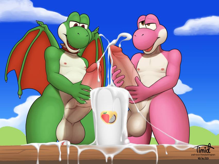 anthro balls big_balls big_penis bodily_fluids cum cum_in_a_cup digital_media_(artwork) dragon duo erection excessive_cum excessive_genital_fluids genital_fluids genitals green_yoshi handjob hi_res humanoid_genitalia humanoid_penis hybrid male male_only mario_(series) masturbation mutual_masturbation nintendo nipples nude penile penile_masturbation penis pink_yoshi sex smile straw super_mario_bros. timidwithapen vein veiny_penis wings yoshi