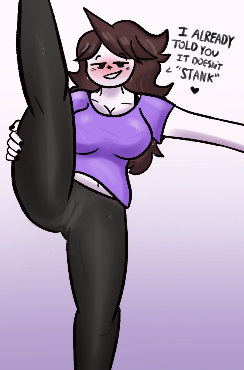 animation_meme_community big_breasts bra bra_lift brown_hair flashing jaiden jaiden_animations leggings mwur one_leg_raised one_leg_up png pussy pussy_juice_drip seductive_look sweat sweatdrop text text_bubble white_body youtube youtuber