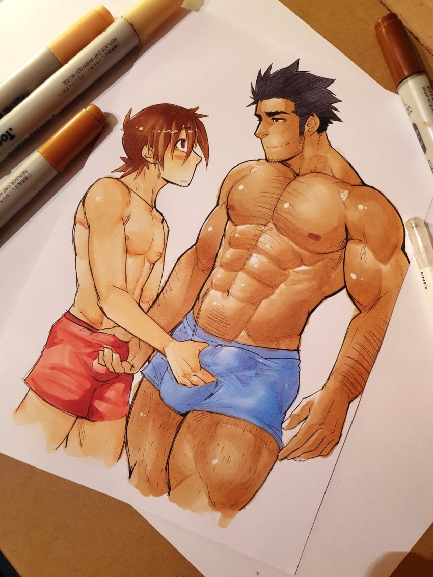 2boys blue_underwear bulge bulge_through_clothing gay human human_only jasdavi luca_(jasdavi) male male_only multiple_boys noah_(jasdavi) original_character penis red_underwear slim tagme underwear yaoi