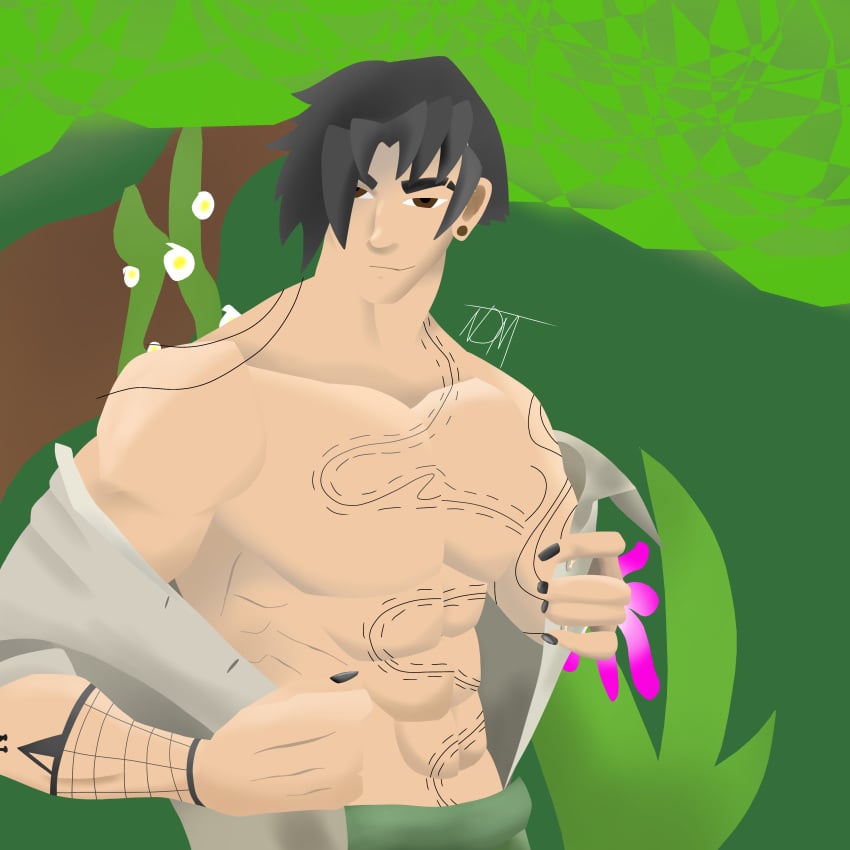 black_hair black_nail_polish brown_eyes ear_piercing fortnite fortnite:_battle_royale gay green_background green_pants grey_shirt lorenzo_(fortnite) male male_only pecs pectorals tan_skin tattoo tattoo_on_arm tattoo_on_belly tattoo_on_chest tattoo_on_neck tattooed_arm tattoos undressing