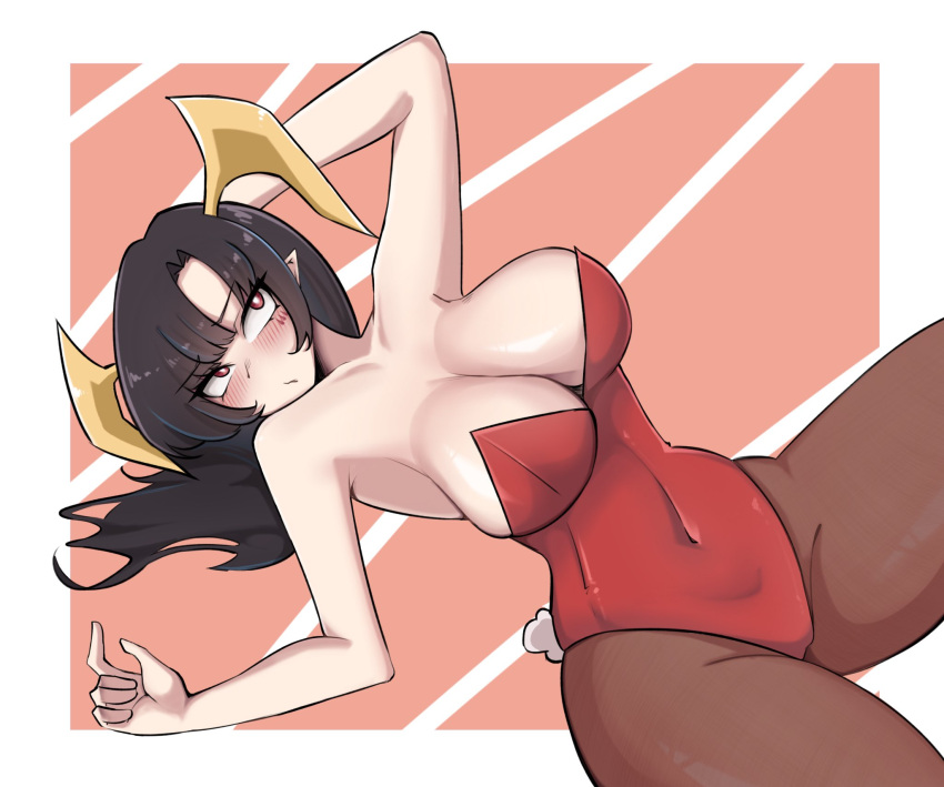 1girls black_hair blush breasts bunnysuit embarrassed eyebrows_visible_through_hair female female_only horns huge_breasts hyperu light-skinned_female light_skin pixela_legends pixela_project red_eyes solo umino_ciala virtual_youtuber