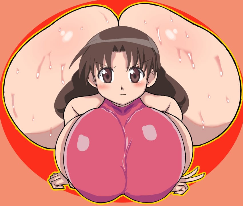 1girls ass azumanga_daiou big_ass blush breasts brown_eyes brown_hair edit furrowed_brow gigantic_ass highres huge_ass huge_breasts peace_sign please_look_forward_to_it solo sweat swimsuit tagme thanuki thanukiart wet wet_skin yukari_tanizaki