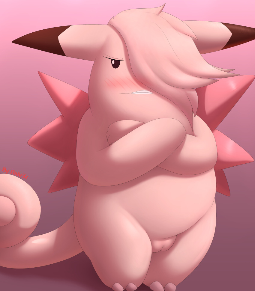 absurd_res angry belly blush clefable clenched_teeth crossed_arms embarrassed female furry galv3z_(artist) generation_1_pokemon genitals hair hi_res looking_away nintendo nude pink_body pokemon pokemon_(species) pussy slightly_chubby slightly_chubby_female solo standing tail teeth thick_thighs wings