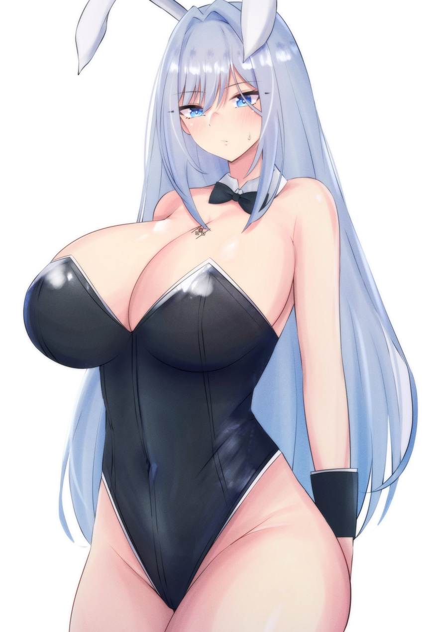 1girls absurd_res black_leotard blue_eyes blush bowtie breast_tattoo breasts breasts_bigger_than_head bunny_ears bunnysuit busty child_bearing_hips cleavage curvy detached_collar ethel_(xenoblade) female female_only highres hourglass_figure large_breasts latex latte_daruta2 leotard long_hair massive_breasts monolith_soft nintendo silver_hair simple_background sweat sweatdrop tattoo thick_thighs thighs very_long_hair voluptuous wide_hips wrist_cuffs xenoblade_(series) xenoblade_chronicles_3