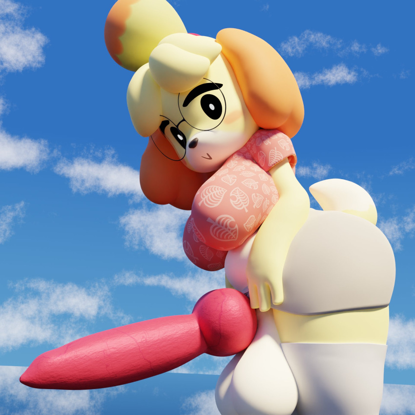 3d_(artwork) animal_crossing animal_genitalia animal_penis anthro balls big_balls big_breasts big_penis blue_sky blush breasts canid canine canine_genitalia canine_penis canis clothed clothing cloud digital_media_(artwork) domestic_dog erection eyewear fur furfnsfw genitals glasses gynomorph hair hi_res huge_cock intersex isabelle_(animal_crossing) knot looking_at_viewer looking_down mammal nintendo penis shadow shih_tzu side_view sky smile solo thick_thighs toy_dog vein veiny_penis wide_hips yellow_body yellow_fur