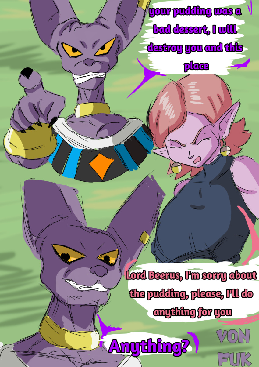 beerus big_breasts chronoa comic dirty_talk dominant_male domination dragon_ball dragon_ball_heroes dragon_ball_super dragon_ball_xenoverse elf_ears english_text female huge_breasts imminent_sex large_breasts male pink_hair pink_skin potara_earrings purple_penis purple_skin short_hair shortstack smiling submissive text tight_clothing von_fuk