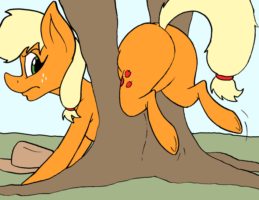 annoyed apple_butt applejack_(mlp) ass big_ass big_butt cutie_mark dynamo1940 equine exposed exposed_ass featureless_crotch female feral freckles freckles_on_face friendship_is_magic green_eyes hasbro looking_back my_little_pony orange_body orange_fur stuck stuck_in_object stuck_in_tree yellow_hair yellow_tail