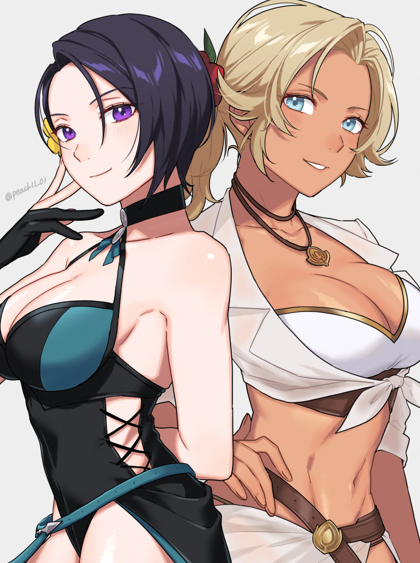 2girls alternate_costume bare_shoulders bikini black_one-piece_swimsuit black_swimsuit blonde_hair blue_eyes breasts catherine_(fire_emblem) catherine_(summer)_(fire_emblem) cleavage dark-skinned_female dark_skin female female_only fire_emblem fire_emblem:_three_houses fire_emblem_heroes highres large_breasts looking_at_viewer multiple_girls navel nintendo official_alternate_costume one-piece_swimsuit peach11_01 purple_eyes shamir_nevrand shamir_nevrand_(summer) short_hair swimsuit white_bikini white_swimsuit