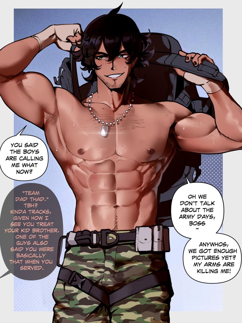 1boy abs black_hair dialogue english_text flexing green_eyes hi_res looking_away male male_only muscles muscular muscular_male offscreen_character original smiling solo speech_bubble teeth_showing thad_(nyantcha) thiccwithaq