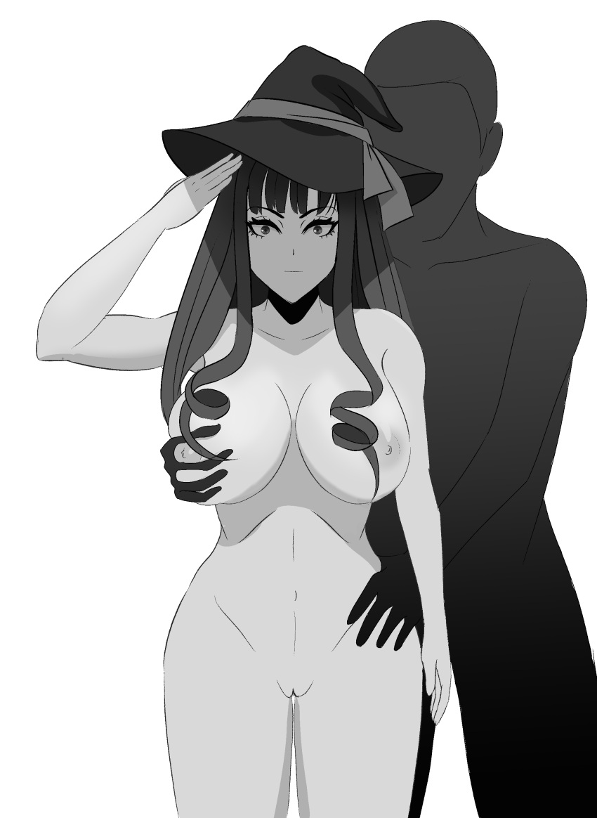 1boy 1girls big_breasts brainwashed brainwashing groping hand_on_hip original original_character saluting standing_at_attention wide_eyed witch witch_hat