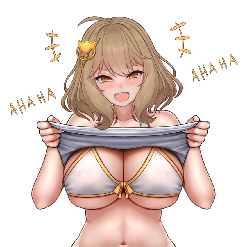 anis_(nikke) belly_button blush breasts goddess_of_victory:_nikke hair_ornament kuronekozero laugh laughing light-skinned_female nipples_visible_through_clothing shirt_lift shirt_up short_hair strip_game tagme tank_top_lift white_bikini white_bra yellow_eyes