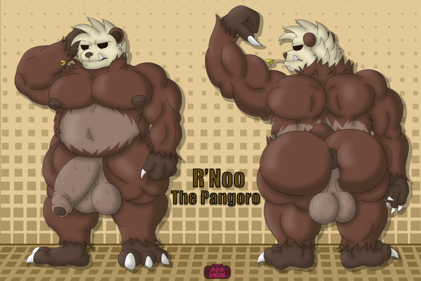 3:2 3_toes 4_fingers absurd_res annaengine anthro anus ass balls barefoot belly biceps big_balls big_butt big_penis black_eyes bodily_fluids brown_body brown_fur brown_nipples brown_penis chubby_anthro chubby_male claws digital_drawing_(artwork) digital_media_(artwork) english_text fan_character feet fingers flaccid flexing foreskin front_view fur generation_6_pokemon genitals gesture hair hand_behind_head hi_res humanoid_genitalia humanoid_penis leaf looking_back male male_only mammal model_sheet multicolored_body multicolored_fur musclegut muscular muscular_anthro muscular_male navel neck_tuft nintendo nipples no_pupils nude pangoro pecs penis pointing pointing_at_self pokemon pokemon_(species) puffy_anus raised_arm rear_view saggy_balls serious sharp_teeth signature simple_background slightly_chubby solo standing sweat sweaty_balls sweaty_genitalia tail tan_body tan_fur teeth text thick_thighs toe_claws toes tuft wide_hips