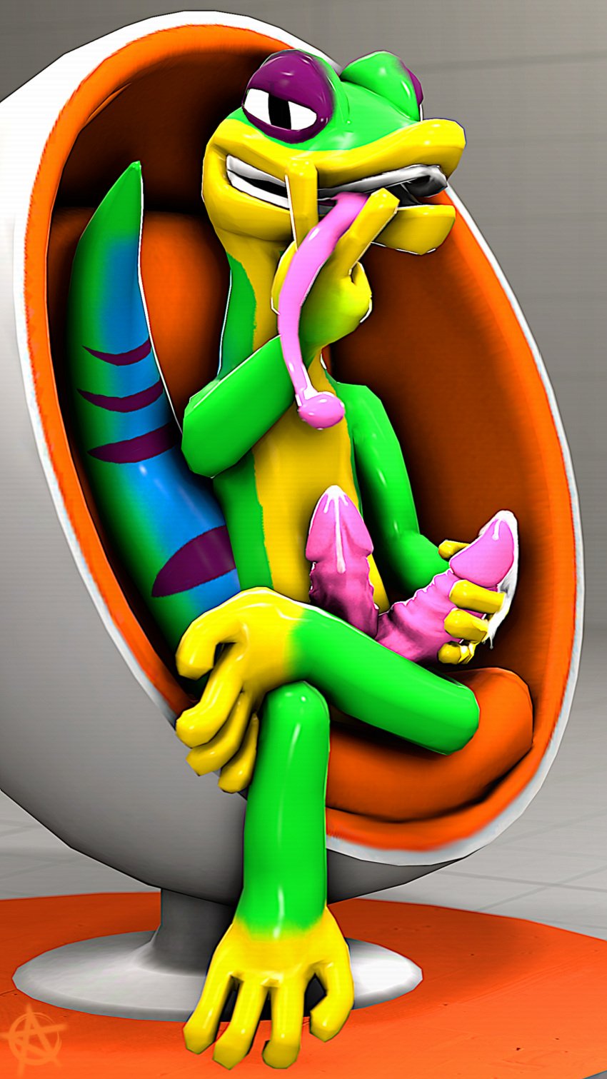 2_penises 3d_(artwork) absurd_res animal_genitalia animal_penis anthro big_penis bodily_fluids chair cum digital_media_(artwork) diphallia diphallism erection furniture gecko genital_fluids genitals gex_(series) gex_the_gecko hemipenes hi_res lizard looking_at_viewer male male_only masturbation multi_genitalia multi_penis penis reptile scalie sfmsalandit sitting solo source_filmmaker tongue tongue_between_fingers tongue_out