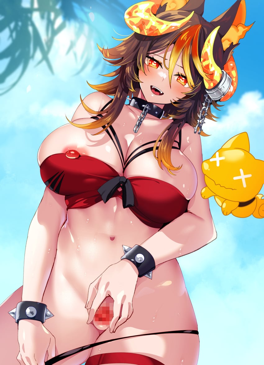 1girls 2023 areola areolae beach big_breasts black_panties bow breasts breasts_bigger_than_head brown_hair brunette_hair censored censored_genitalia censored_pussy color commission day daytime flame hair_between_eyes heart-shaped_pupils heart_eyes hellhound hi_res high_resolution highres indie_virtual_youtuber large_breasts legwear light-skinned_female light_skin looking_at_viewer low-angle_view mascot multicolored_hair nipples one_breast_out orange_eyes orange_hair orange_highlights partially_clothed partially_clothed_female pulling_panties pussy red_legwear red_shirt ruri_rarako short_hair shoulder_length_hair sinder_(vtuber) skeb_commission solo solo_female solo_focus spiked_bracelet spiked_collar spikes spread_pussy spreading straps summer sweat sweatdrop sweating sweaty sweaty_body sweaty_breasts sweaty_thighs two_tone_hair vagina virtual_youtuber vtuber wolf wolf_ears wolf_girl