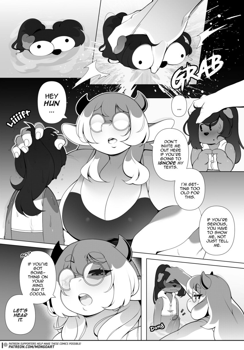 3mangos age_difference anabelle_(3mangos) black_and_white chubby_female cocoa_(3mangos) comic comic_page cow_girl croptop_hoodie dog_boy erection femboy furry furry_only glasses large_breasts milf mongoart ponytail pool size_difference swimsuit voluptuous