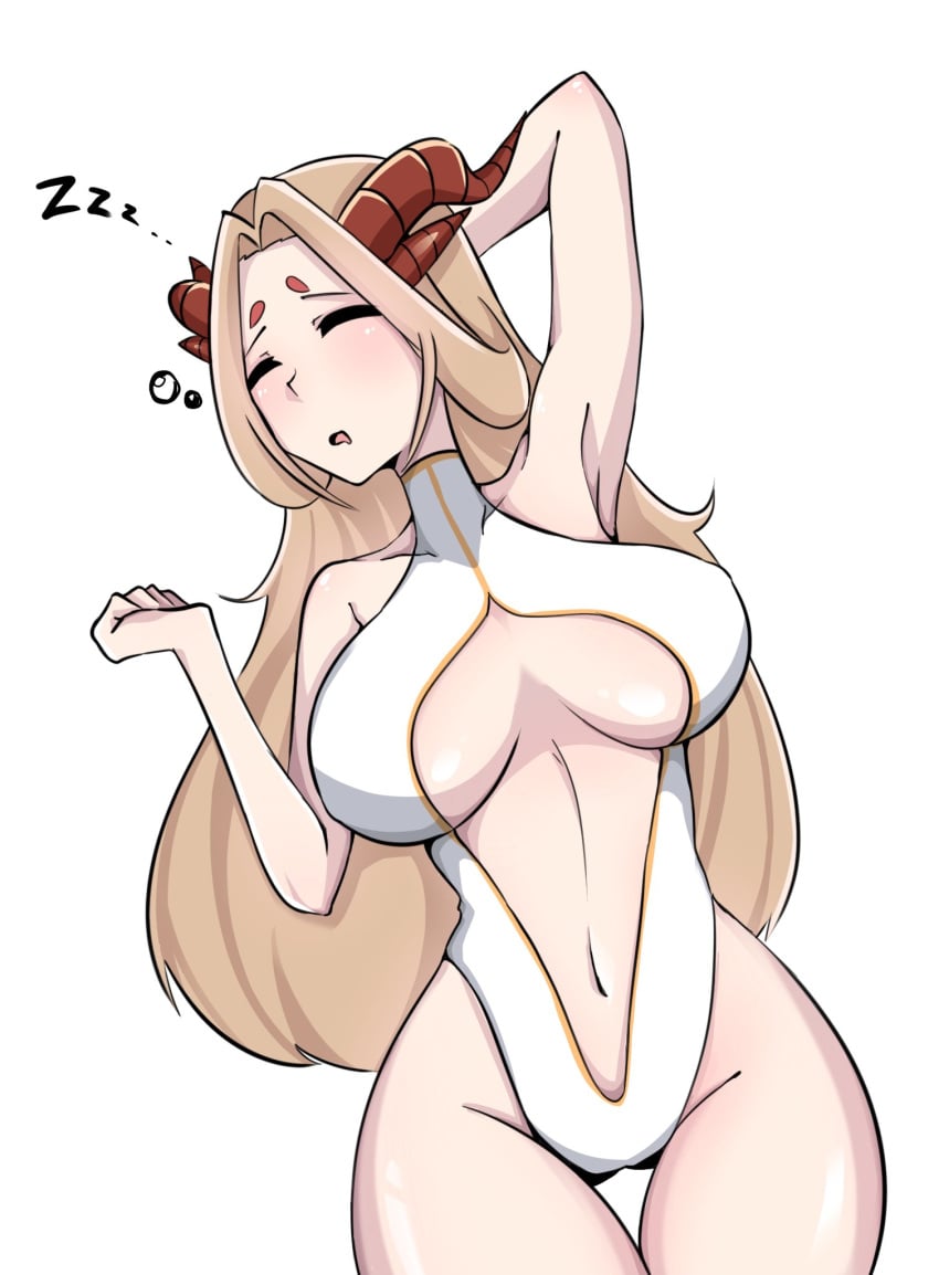 1girls armpit belly_button big_breasts blonde_hair breasts closed_eyes clothed clothing dragon_girl dragon_horns female female_only horns hyperu leotard light-skinned_female light_skin neuatong sleeping virtual_youtuber vtory zzz