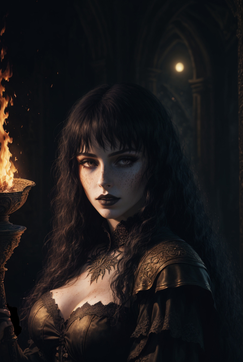 ai_generated black_hair black_lipstick eyeshadow fantasy female_focus female_only fire goth goth_girl gothic helena_nightingale medium_breasts night oc original_character stable_diffusion torch victorian