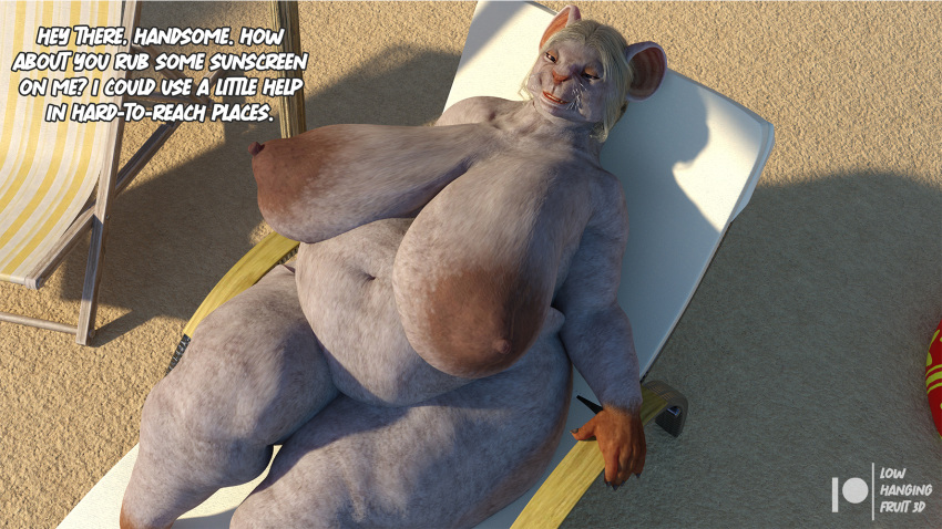 1girls 3d anthro anthro_only background bbw beach beach_chair big_breasts blonde_hair breasts chubby chubby_anthro chubby_female daz3d daz_studio dialogue female hanging_breasts large_breasts legs looking_at_viewer lowhangingfruit3d_(artist) lying lying_on_back marianne_armstrong_(lhf3d) mature mature_female naked naked_female nipples nude nude_female obese original_character overweight overweight_female pinup pov pov_eye_contact rat rodent smiling solo solo_female solo_focus thick thick_legs thick_thighs thighs wide_hips