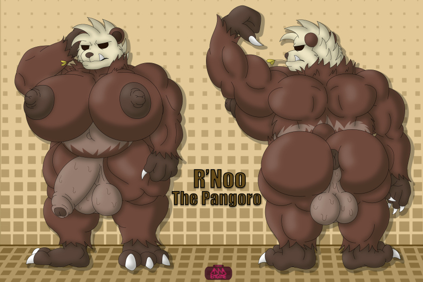 3:2 3_toes 4_fingers absurd_res annaengine anthro anus areola ass balls barefoot belly biceps big_balls big_breasts big_butt big_penis black_eyes bodily_fluids breasts brown_areola brown_body brown_fur brown_nipples brown_penis busty_boy chubby_anthro chubby_gynomorph chubby_intersex claws digital_drawing_(artwork) digital_media_(artwork) english_text fan_character feet fingers flaccid flexing foreskin front_view fur generation_6_pokemon genitals gesture gynomorph hair hand_behind_head hi_res humanoid_genitalia humanoid_penis intersex leaf looking_back male_(lore) male_with_breasts mammal model_sheet multicolored_body multicolored_fur musclegut muscular muscular_anthro muscular_gynomorph muscular_intersex navel neck_tuft nintendo nipples no_pupils nude pangoro penis pointing pointing_at_self pokemon pokemon_(species) puffy_anus raised_arm rear_view saggy_balls serious sharp_teeth signature simple_background slightly_chubby solo standing sweat sweaty_balls sweaty_genitalia tail tan_body tan_fur teeth text thick_thighs toe_claws toes tuft wide_hips