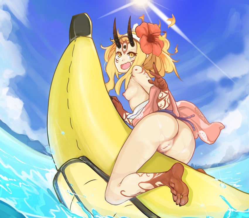 banana blonde_female blonde_hair decensored fate/grand_order fate_(series) female female_focus female_only flower_in_hair horns ibaraki_douji_(fate) ibaraki_douji_(swimsuit_lancer) pussy sea sharp_toenails sky summer sunlight todding wet yellow_eyes