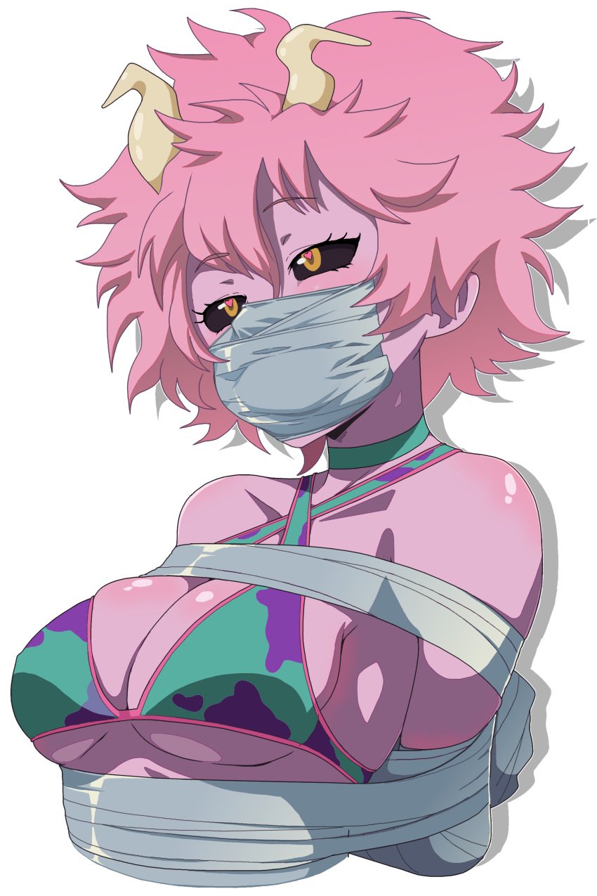 arms_tied_behind_back ashido_mina asphyxiation black_sclera bondage heart-shaped_pupils horns mina_ashido my_hero_academia orange_eyes over_the_nose_gag pink_hair pink_skin tape_gag taped_hands tiedtiki