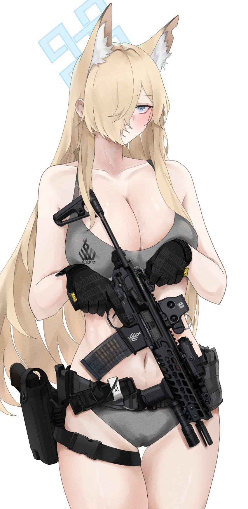 animal_ear_fluff animal_ears assault_rifle belt black_belt black_gloves blonde_hair blue_archive blue_eyes blush breasts cleavage collarbone dog_ears eotech female fte_(fifteen_199) glock gloves grey_panties grey_sports_bra gun hair_over_one_eye halo handgun highres holding holding_gun holding_weapon holster holstered kanna_(blue_archive) large_breasts long_hair magazine_(weapon) navel panties parted_lips public_peace_bureau_(blue_archive) rifle sig_mcx sig_sauer simple_background solo sports_bra stomach submachine_gun tactical_clothes tourniquet underwear valkyrie_police_school_logo_(blue_archive) valkyrie_police_school_student very_long_hair weapon weapon_request white_background