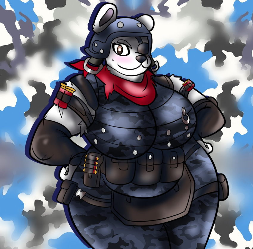 bear big_breasts brown_eyes camo_clothing camouflage chubby eyepatch fortnite furry gaminglover genderswap genderswap_(mtf) helmet one_eye_obstructed polar_bear polar_patroller_(fortnite) pouches shotgun_shells smile thick thick_thighs white_fur wide_hips