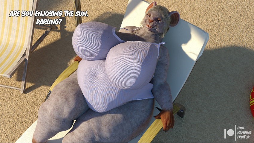 1girls 3d anthro anthro_only background bbw beach beach_chair big_breasts blonde_hair breasts chubby chubby_anthro chubby_female daz3d daz_studio dialogue female large_breasts legs looking_at_viewer lowhangingfruit3d_(artist) lying lying_on_back marianne_armstrong_(lhf3d) mature mature_female nipples obese original_character overweight overweight_female pinup pov pov_eye_contact rat rodent smiling solo solo_female solo_focus swimsuit swimwear thick thick_legs thick_thighs thighs wide_hips