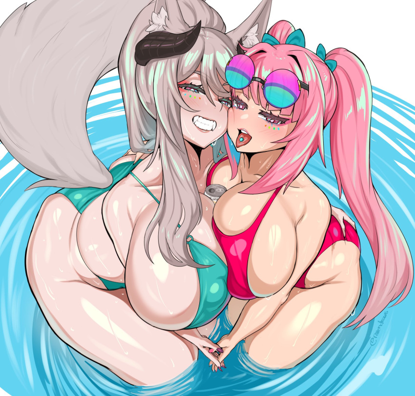 2girls bikini breasts female female_only fraeya_(vtuber) gaikiken huge_breasts looking_at_viewer multiple_girls open_mouth thick_thighs tongue tongue_out virtual_youtuber wide_hips