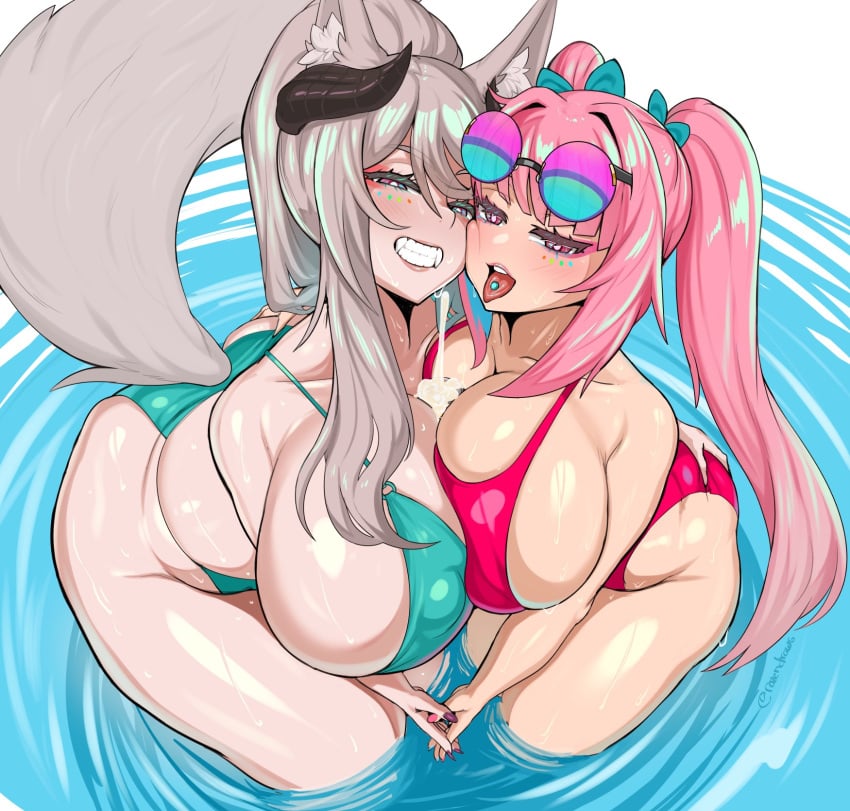 2girls aria_rhapsody_(vtuber) bikini breasts female female_only fraeya_(vtuber) gaikiken huge_breasts looking_at_viewer multiple_girls open_mouth thick_thighs tongue tongue_out virtual_youtuber wide_hips