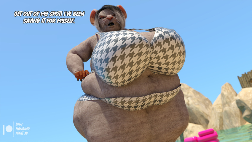 1girls 3d angry anthro areolae ass background bbw big_belly big_breasts bikini bikini_bottom bikini_top breasts chubby chubby_anthro chubby_female cleavage daz3d daz_studio dialogue fat female large_ass large_breasts legs looking_at_viewer lowhangingfruit3d_(artist) nipples obese olivia_armstrong_(lhf3d) original_character overweight overweight_female pinup rat rodent solo solo_focus ssbbw swimsuit swimwear thick thick_legs thick_thighs thighs wide_hips