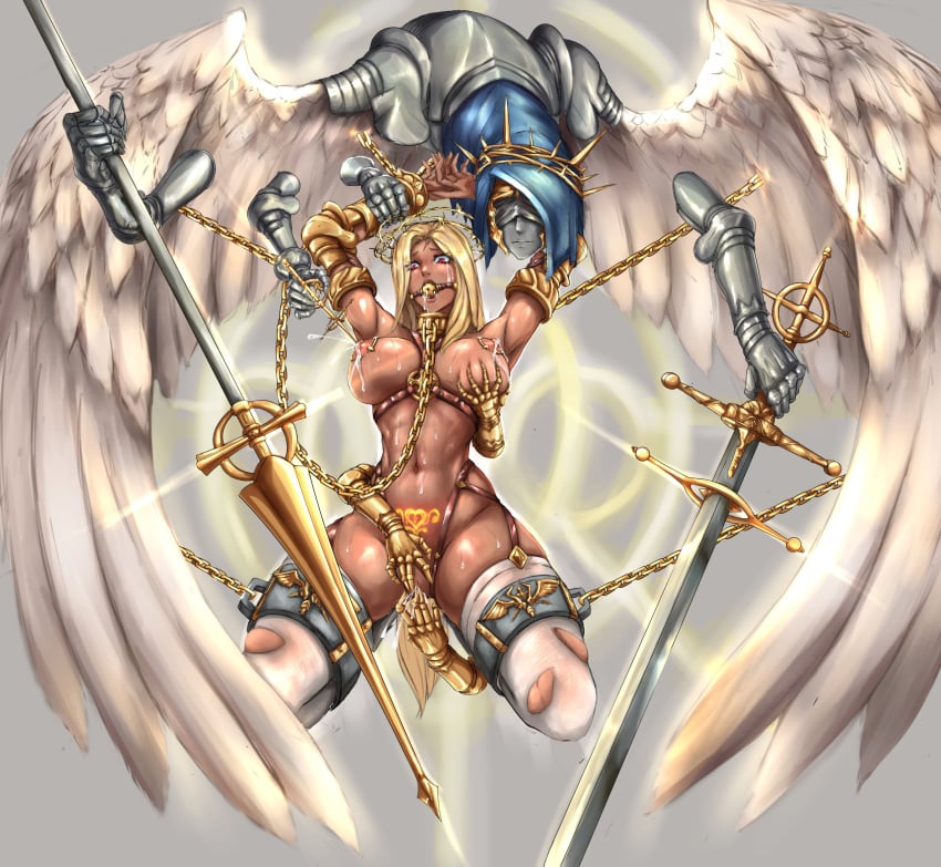 1girls arms_up big_breasts bondage breasts chained chains cleric dark-skinned_female female female_ejaculation female_orgasm femsub fingering gag lactation orgasm pubic_tattoo red_eyes seraphim sirpetus straight sweat sword tagme tears warhammer_(franchise) warhammer_fantasy wings womb_tattoo