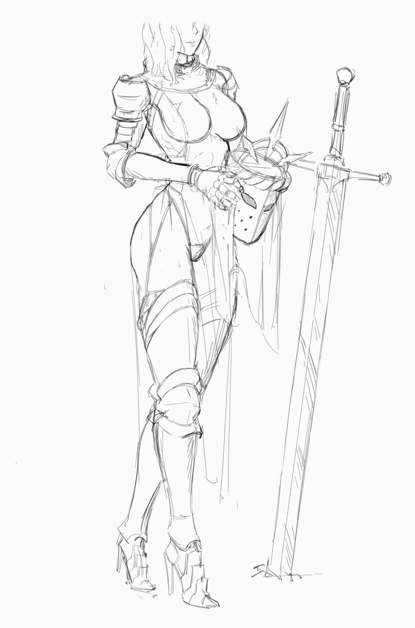 1girls black_and_white bretonnia female female_only monochrome sirpetus sketch solo solo_female sword tagme warhammer_(franchise) warhammer_fantasy