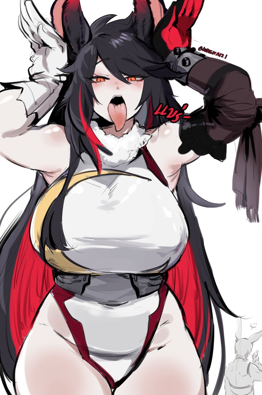 1girls ahe_gao arms_up big_breasts black_hair cosplay curvy dark_hair eyelashes female fringe huge_breasts k_(kurenaiz) kurenaiz1 leotard long_hair looking_at_viewer mature_female miruko miruko_(cosplay) my_hero_academia oral orange_eyes original original_character pale-skinned_female pale_skin petplay rabbit_ear_gesture rabbit_ears rabbit_girl red_hair roleplay seductive_mouth slit_pupils tongue tongue_out two_tone_hair very_long_hair yellow_eyes