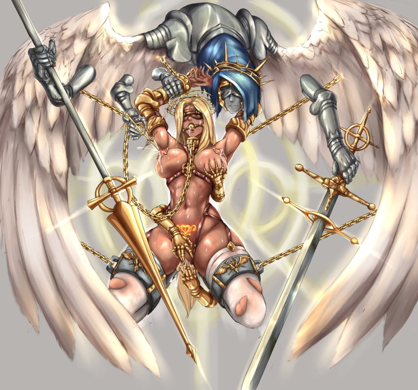 1girls arms_up big_breasts blindfold bondage breasts chained chains cleric collar female female_ejaculation female_orgasm femsub fingering gag gagged lactation orgasm pubic_tattoo seraphim sirpetus straight sword warhammer_(franchise) warhammer_fantasy wings womb_tattoo