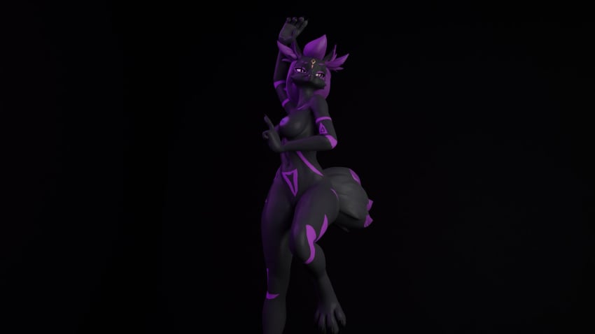 16:9 3d 3d_(artwork) 3d_background anthro black_body breasts canid canine digital_media_(artwork) epic_games female fortnite fox fur genitals hair hi_res kimiko_(fortnite) looking_back mammal nipples nude orangeflyingfox purple_body purple_hair pussy simple_background smile solo tail widescreen