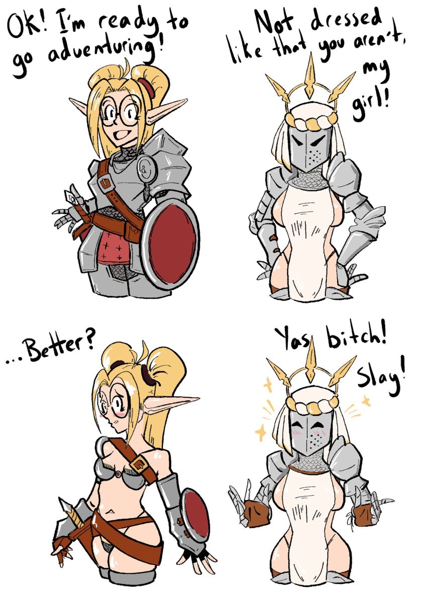 2girls bretonnia chainmail_bikini dialogue elf elf_ears english_text female female_only funny humor pubic_hair_peek sword tagme tagme_(artist) text warhammer_(franchise) warhammer_fantasy