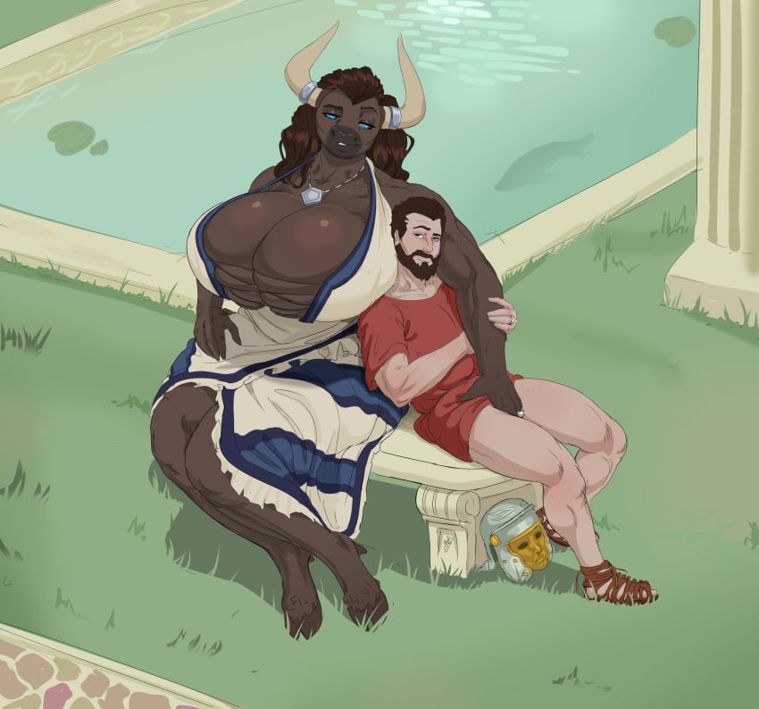 1boy 1girls 5_fingers anthro armor beard big_breasts bigger_female bovid bovine breasts brown_body brown_fur brown_hair cleavage clothed clothing digit_ring dreamy_pride dress duo european_mythology facial_hair female finger_ring fingers footwear fur greek_mythology hair headgear helmet hi_res hooves horn horn_jewelry horn_ring human humanoid_hands husband_and_wife jewelry larger_anthro larger_female male male/female mammal married_couple minotaur minotaur_female mythology necklace nihea_avarta outside ring ring_(jewelry) sandals sitting size_difference smaller_human smaller_male smile tunic wedding_ring