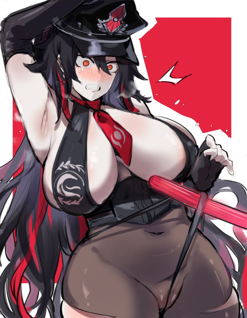 armpits arms_up big_breasts blush blushing camel_toe cameltoe curvaceous curvy dark_hair embarrassed fate/grand_order fate_(series) headgear huge_breasts k_(kurenaiz) kurenaiz1 large_breasts long_hair mature_female original original_character pale-skinned_female pale_skin pantyhose police_hat policewoman pulling_panties red_eyes red_hair ripped_pantyhose sesshouin_kiara sesshouin_kiara_(swimsuit_mooncancer)_(cosplay) thong tomboy voluptuous_female wedgie