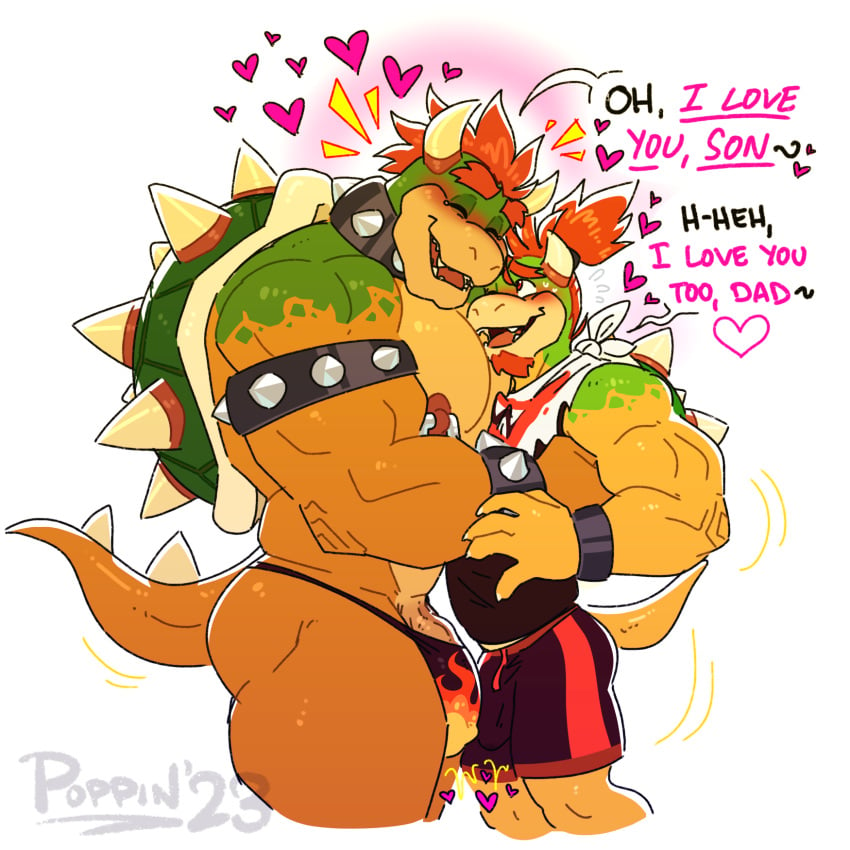 1:1 bowser bowser_jr. bulge daddy duo embrace father_(lore) gay genitals hi_res hug incest koopa male male_only mario_(series) nintendo nipple_piercing nipples parent_(lore) penis piercing poppin scalie simple_background son_(lore) white_background