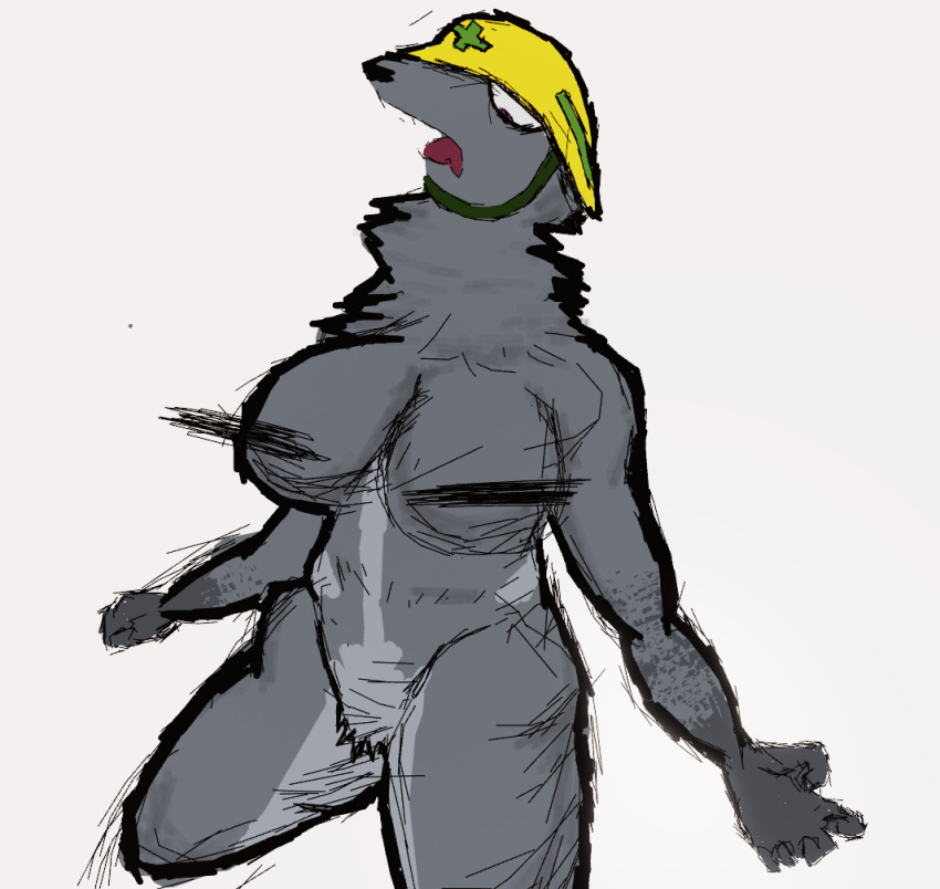 armedantagonist armedantagonist_(raid) armor breasts canid canine canis censored exposed_breasts female fur hard_hat headgear helmet mammal neck_tuft nude patterned_fur pubes shadowed_eyes suprised_look tuft wide_hips wolf