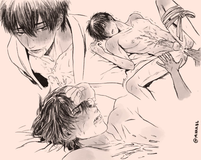 2boys after_oral anal anal_sex blush completely_nude cum cum_in_ass cum_in_mouth cum_inside ejaculation erection gay gintama hijikata_toshiro looking_at_viewer male male_only marrbl monochrome multiple_scenes nude on_back penis solo_focus tears yaoi