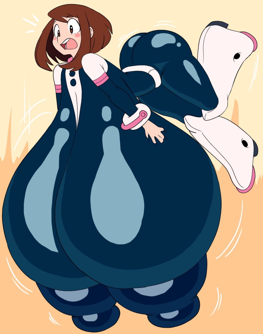 1girls 2d angstrom big_breasts blush breast_expansion breasts brown_hair bubble_butt female_only floating hero_outfit_(mha) hi_res huge_breasts hyper hyper_breasts large_breasts massive_breasts my_hero_academia ochako_uraraka short_hair skintight_bodysuit solo solo_female superheroine top_heavy weightlessness