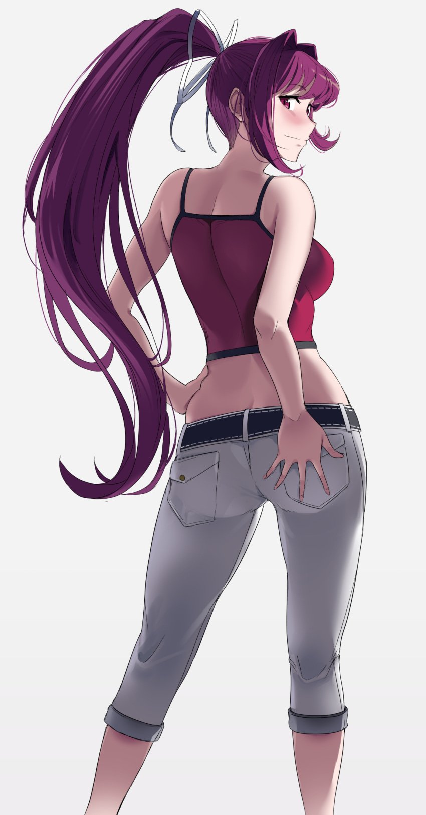 1girls ass big_ass big_breasts blush breasts busty female female_only fully_clothed hand_on_ass hand_on_hip hand_on_own_ass highres large_breasts legs long_hair looking_at_viewer looking_back midriff pants ponytail pose posing purple_hair red_eyes seductive seductive_smile sensual shirt sideboob sleeveless sleeveless_shirt smile thighs touniyuu under_night_in-birth voluptuous yuzuriha_(under_night_in-birth)